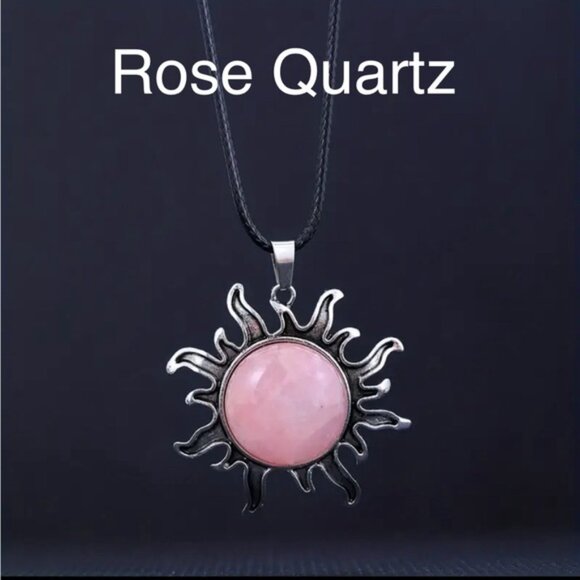 112 🖤 Rose Quartz Sunburst Gemstone Crystal Sun Pendant Necklace Jewelry - Picture 3 of 6